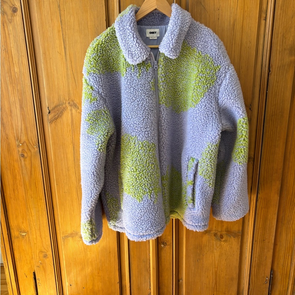 Obey Green and Purple Teddy Jacket Plush Color-Block Design